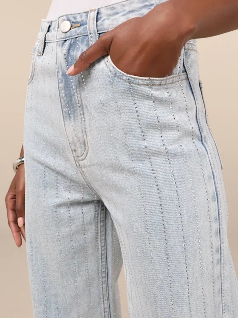 Lulus Danice Light Wash Denim Rhinestone Straight Leg Jeans Blue - Size M